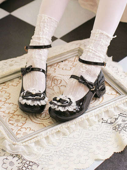 Black Bow at Top Lace Trim Heart Buckles Round Toe Lolita Shoes