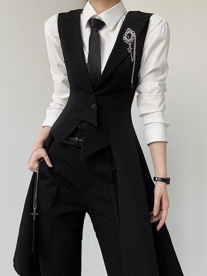 Ouji Lolita Black Tailcoat Vest with Peaked Lapel & Triangular Back Slit