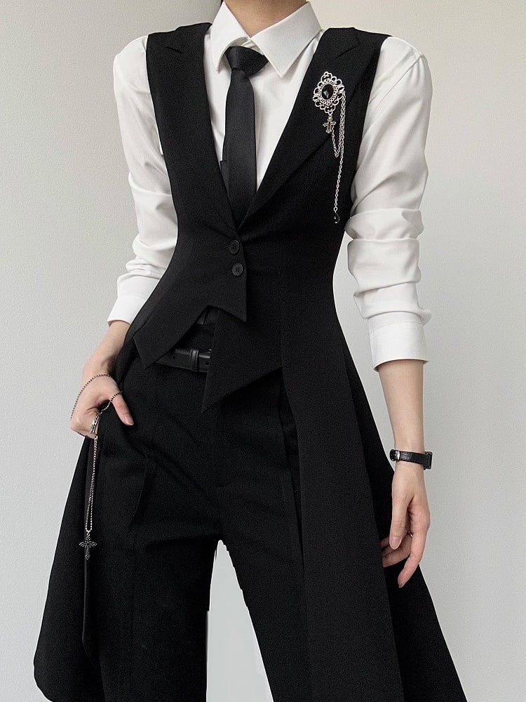 Ouji Lolita Black Tailcoat Vest with Peaked Lapel & Triangular Back Slit