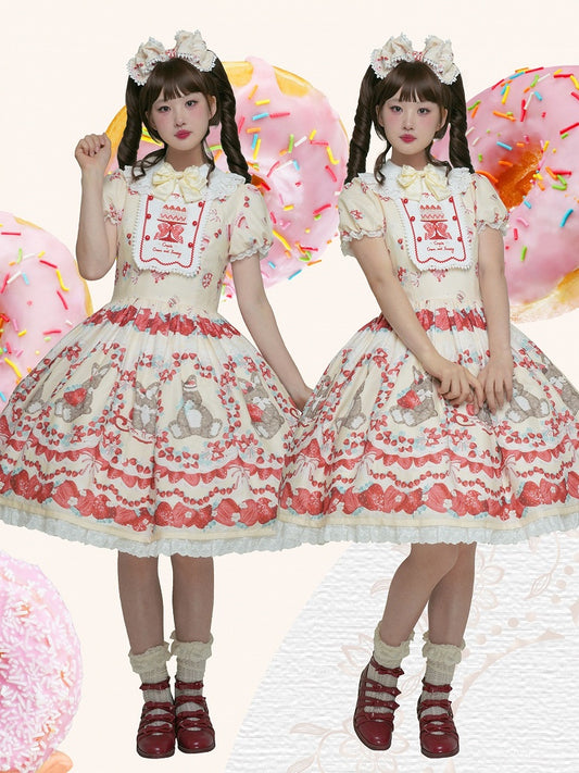 Strawberry and Bunny Print Yellow Cottagecore Country Lolita One Piece Strawberry Cake Embroidery Front