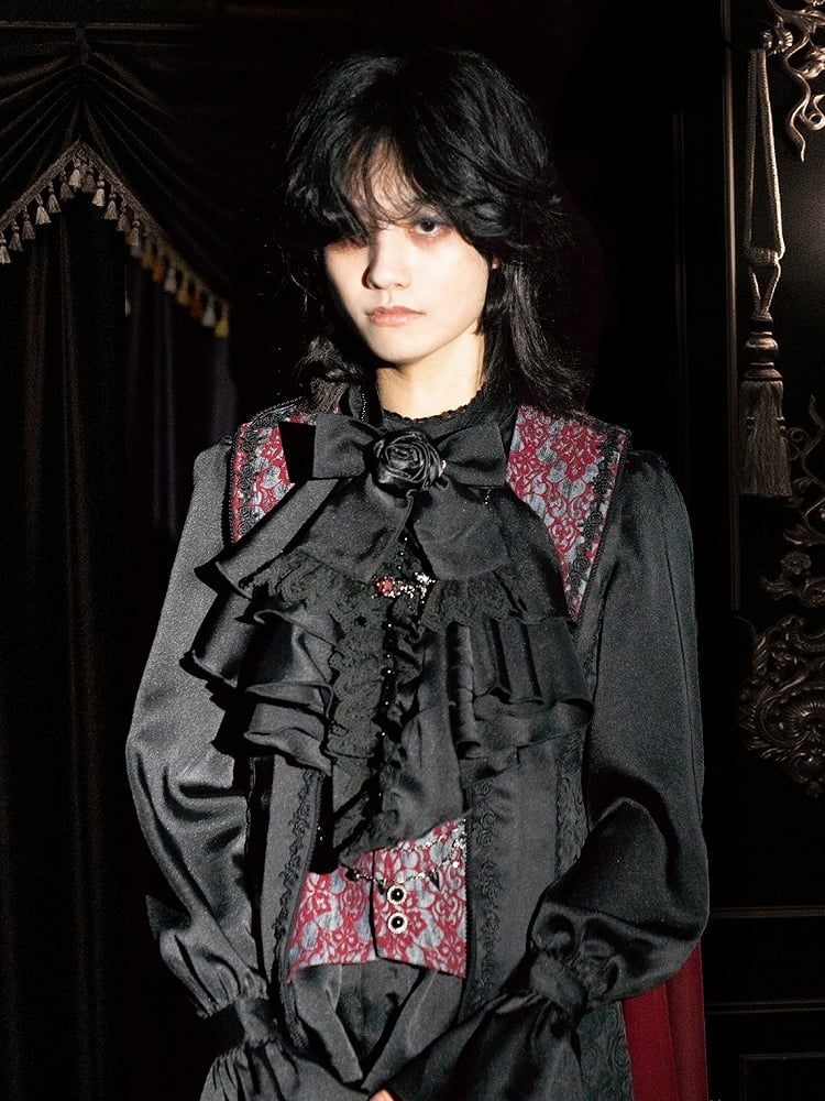 Clearance-Black and Red Prince Outfit Ouji Lolita Full Set -Size M for Bust 98CM Black Long Sleeves Shirt + Waist 74CM Waistcoat + Waist 70-74CM Black Pants