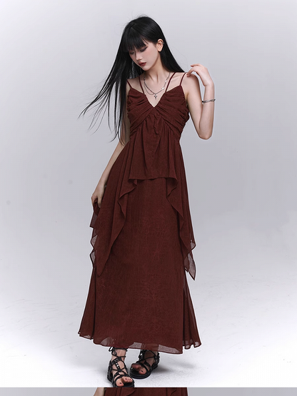 Dark Red Elastic Waist Ankle Length Skirt