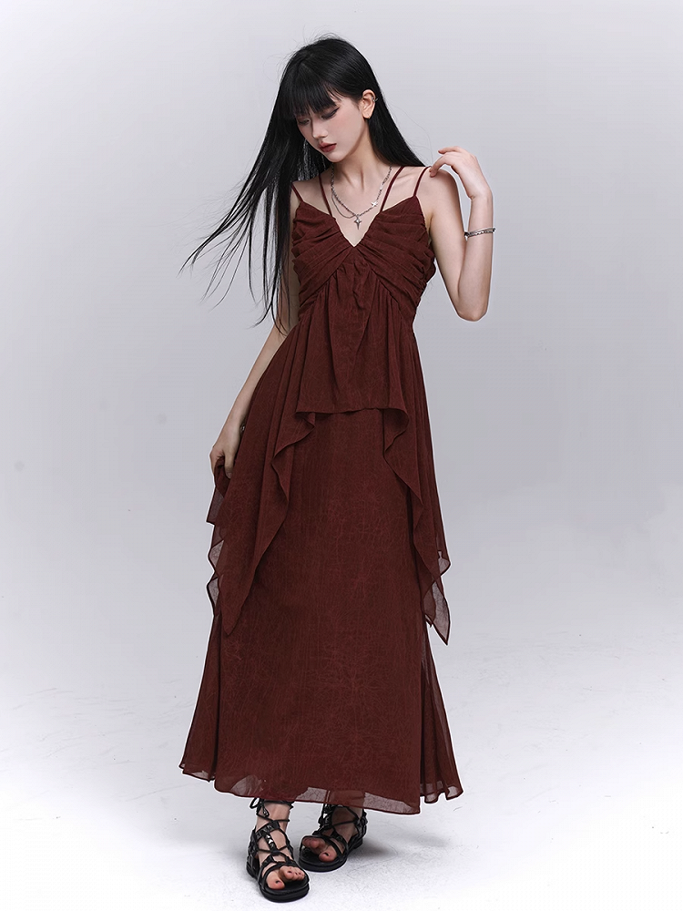 Dark Red V-neck Handkerchief Hem Cami Top