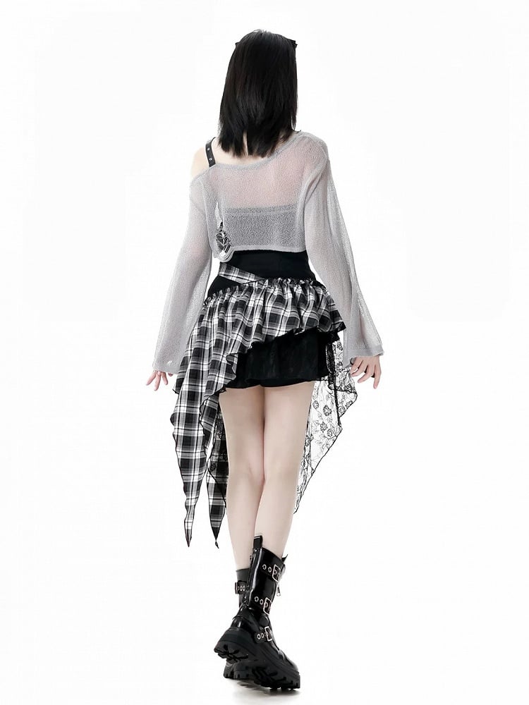 Black/Gray Star Strap Distressed Holes Punk Rock Hollow-Out Cropped Coverup