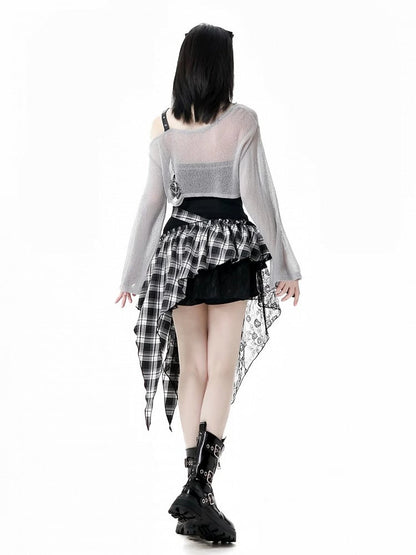 Black/Gray Star Strap Distressed Holes Punk Rock Hollow-Out Cropped Coverup