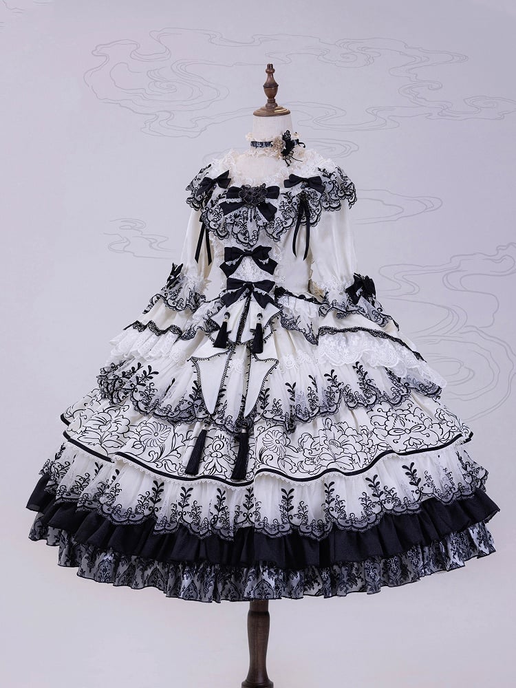 Shimmer Butterfly Fabric White and Black Chinoiserie Style Ink and Wash Lolita Dress Long Version