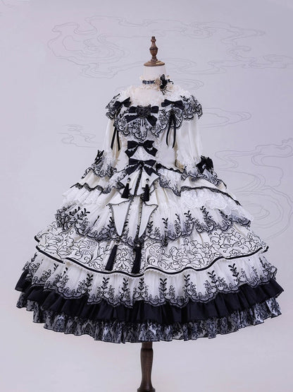 Shimmer Butterfly Fabric White and Black Chinoiserie Style Ink and Wash Lolita Dress Long Version