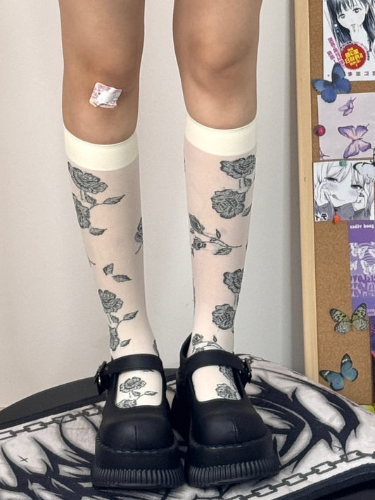 Black/White Rosette Pattern Ribbed Trim Under-knee Stockings