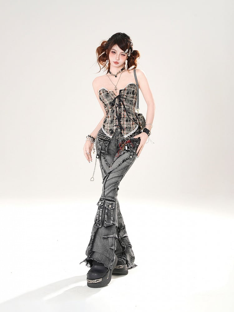 Brown/Blue Leopard and Plaid Pattern Lace-up Front Lace Trim Strapless Top