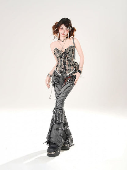 Brown/Blue Leopard and Plaid Pattern Lace-up Front Lace Trim Strapless Top