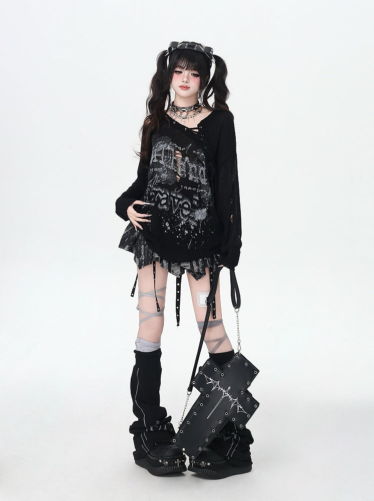 Lace-up Neckline Ink-jet Print Black/Apricot Distressed Holes Knit Coverup