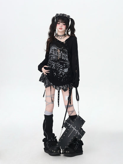 Lace-up Neckline Ink-jet Print Black/Apricot Distressed Holes Knit Coverup