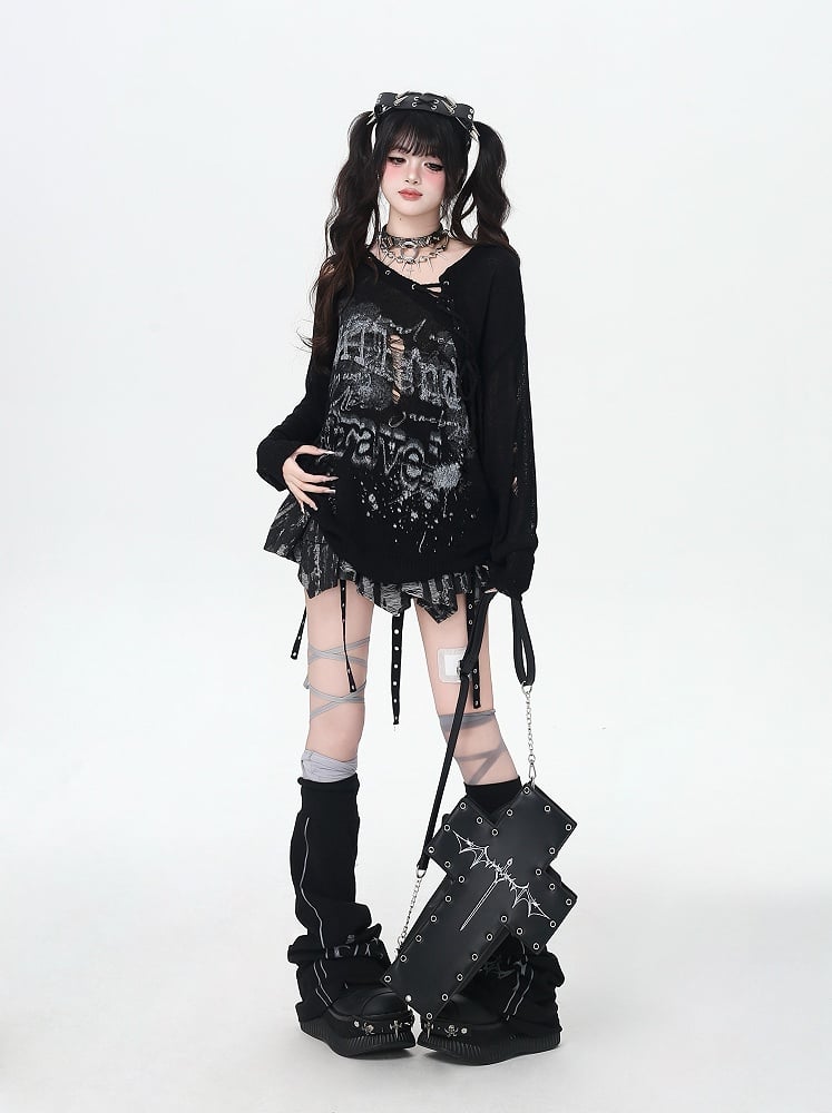 Lace-up Neckline Ink-jet Print Black/Apricot Distressed Holes Knit Coverup