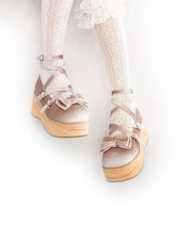 Sweet Beige Mary Janes for Lolita - Platform Heel with Bow Decor & Crossed Straps