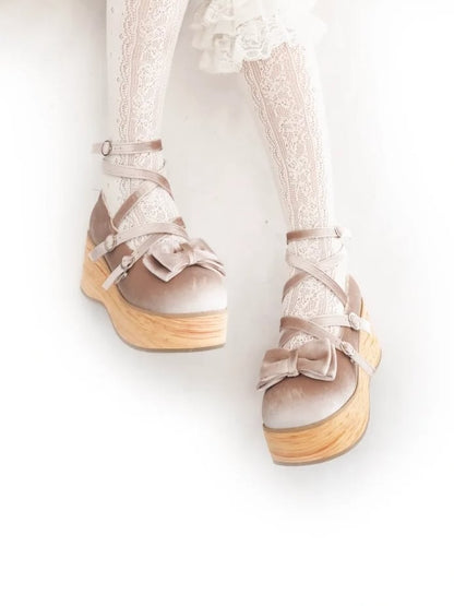 Sweet Beige Mary Janes for Lolita - Platform Heel with Bow Decor & Crossed Straps