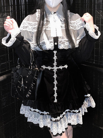 Jirai Kei White/Black/Pink Rose Cross Embroidery Landmine Style High Waist Lace Hem Skirt