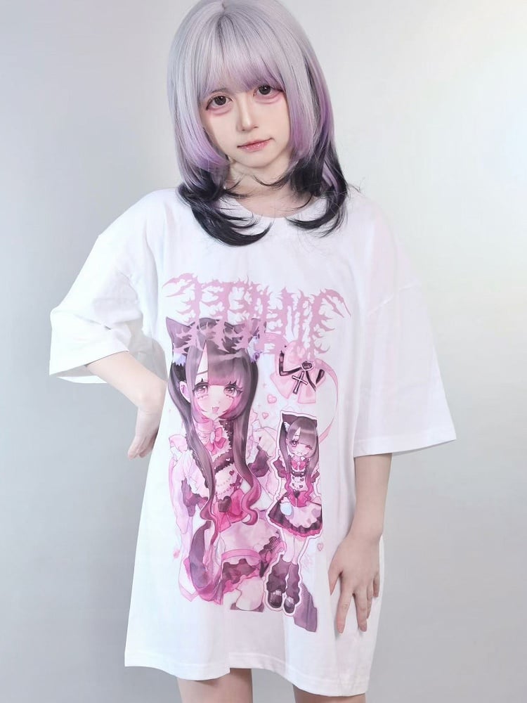 White Jirai Kei Cartoon Girl Print Round Neck Oversized T-shirt