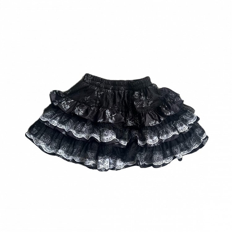 Black&White/Black&Purple Vintage Punk Tiered Skirt with Lace Trim