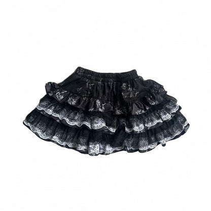 Black&White/Black&Purple Vintage Punk Tiered Skirt with Lace Trim