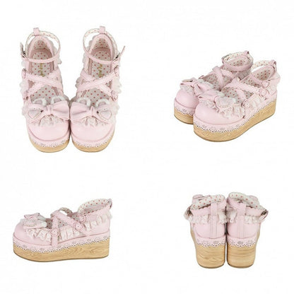 Pink Crisscross Design Bunny Ear Bow at Top Lace Trim Platforms