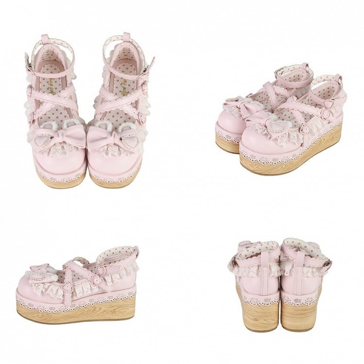 Pink Crisscross Design Bunny Ear Bow at Top Lace Trim Platforms