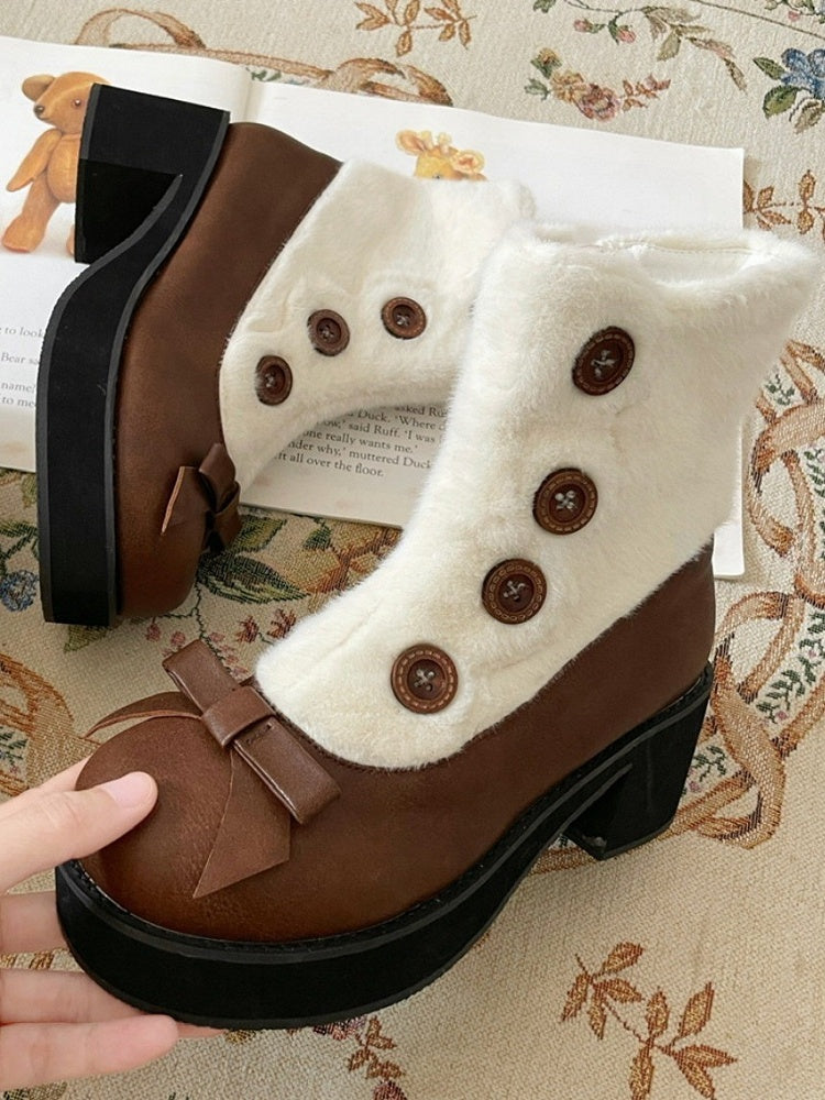 Brown & White Elegant Lolita 4cm/6cm Mid-heel Winter Boots - Plush Lining with Button Accents, Bow Details & Inner Zipper