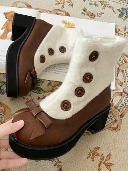 Brown & White Elegant Lolita 4cm/6cm Mid-heel Winter Boots - Plush Lining with Button Accents, Bow Details & Inner Zipper