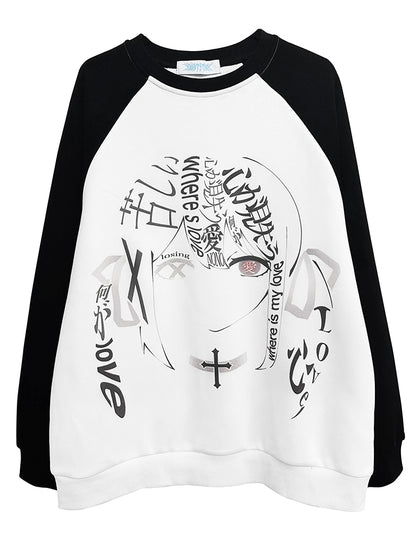 Black and White Colorblock Design Graphic Sweatshirt