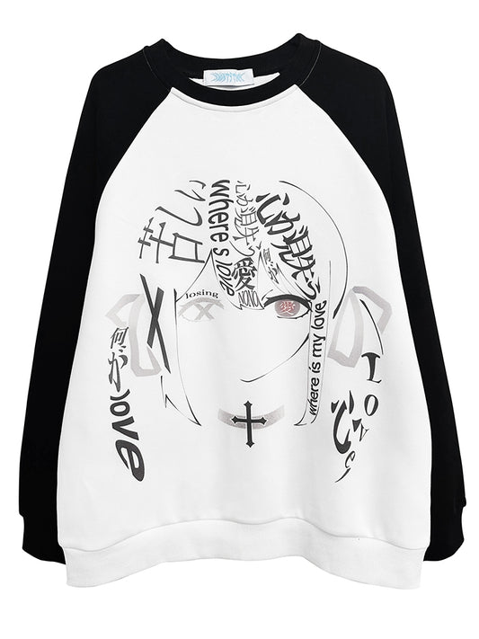 Black and White Colorblock Design Graphic Sweatshirt