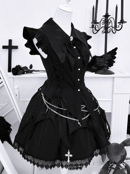 Pointed Flat Collar Flutter Sleeves Sleeveless Top with Cross Embellished Skirt Black Gothic Set