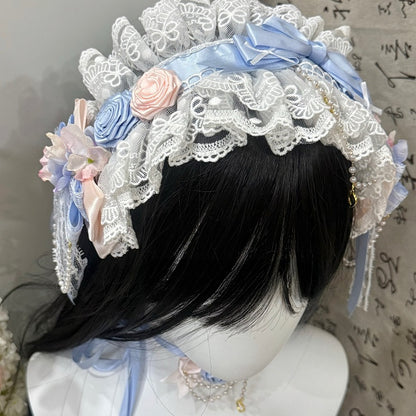 White&Blue Beaded And Heart Charm Bowknot Details Ruffled Hairband + Floral Design Bowknot Choker