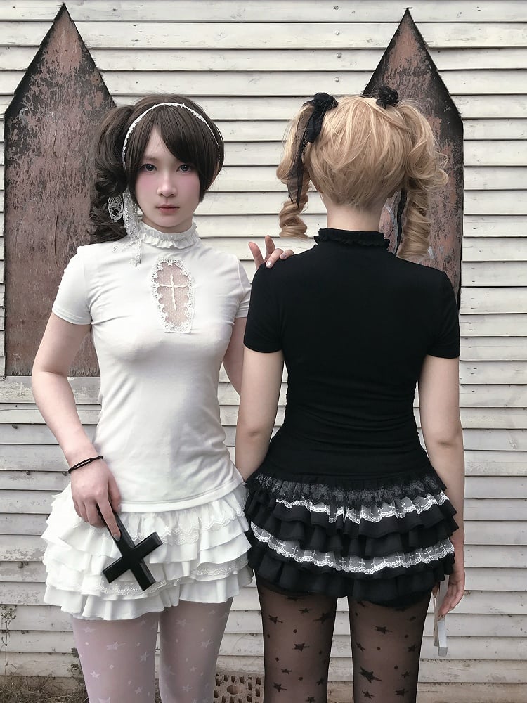 Gothic Black/White Elastic Waist Tiered Cross Lace Trim Bloomers Skort