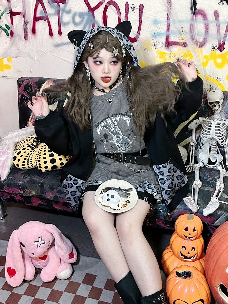 Plus Size Gray Kitty Sweater Distressed Holes