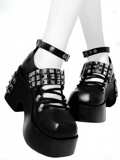 Black Punk Studs Details Crisscross Design Platform High Block Heels