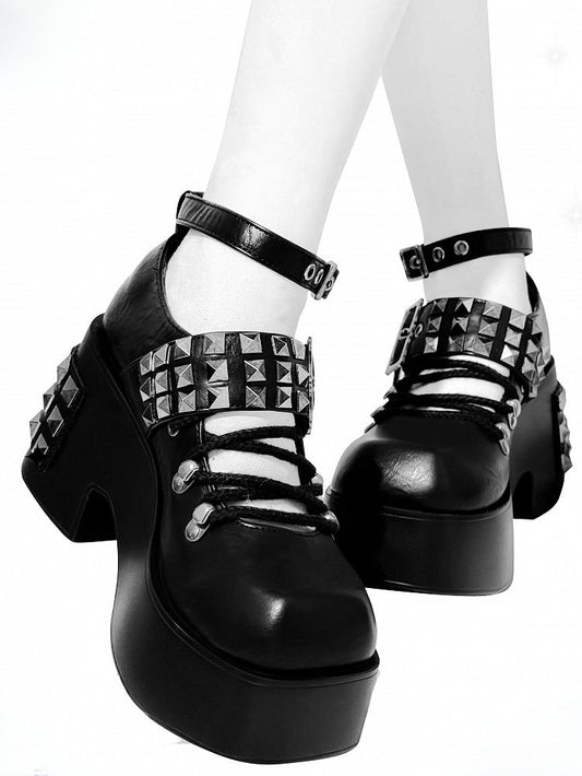 Black Punk Studs Details Crisscross Design Platform High Block Heels