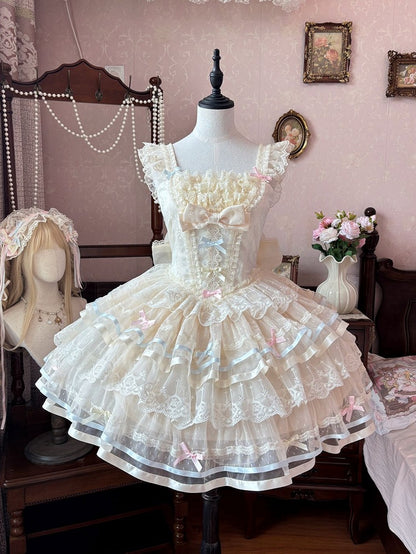 Apricot Corset Waist Layered Tulle Skirt Princess Lolita JSK with Big Bow at Back