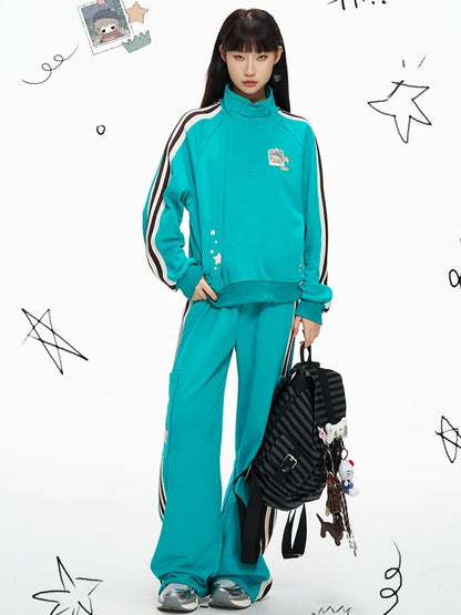 Blue High Neck Sporty Sweatshirt with Side Stripes