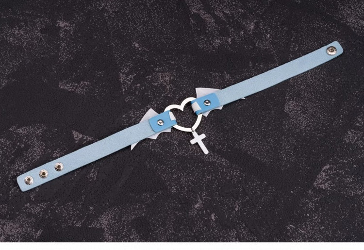 Cross Pendant Blue and White Handmade Bat Wings PU Choker