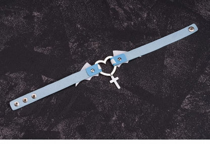 Cross Pendant Blue and White Handmade Bat Wings PU Choker