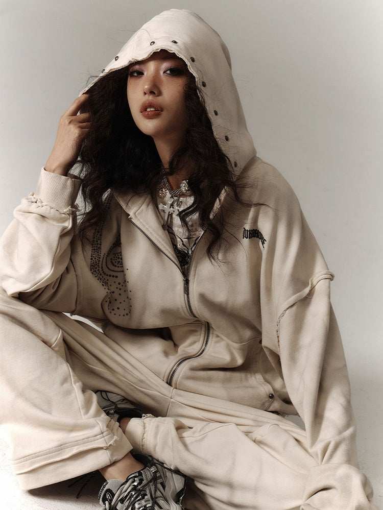 Wasteland Punk Studs Design Beige Washed Loose Casual Zip Hoodie