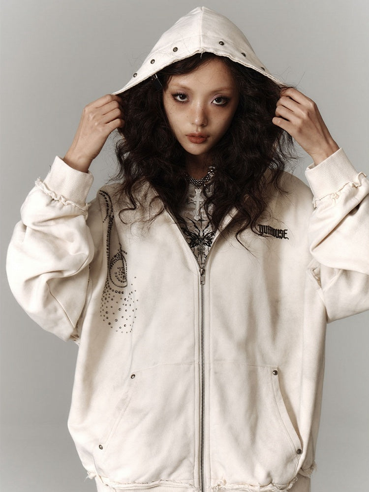 Wasteland Punk Studs Design Beige Washed Loose Casual Zip Hoodie
