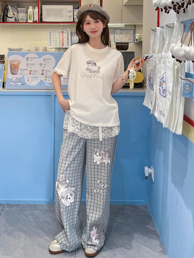 Adorable Puppy Print White Round Neck Loose T-shirt