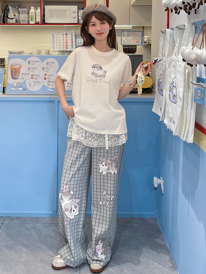 Adorable Puppy Print White Round Neck Loose T-shirt