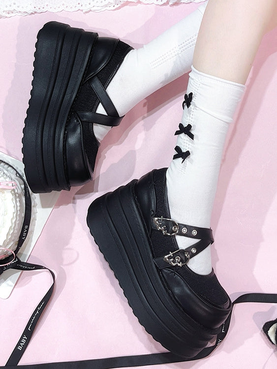 Black Crisscross Design Wing Buckles Platforms