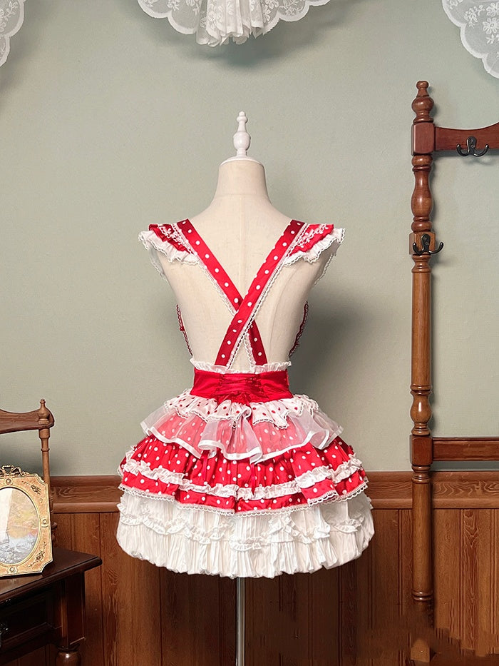 White and Red Polka-dot Cake Embroidery Sweet Lolita Overall Dress Big/Small Bubble Skirt