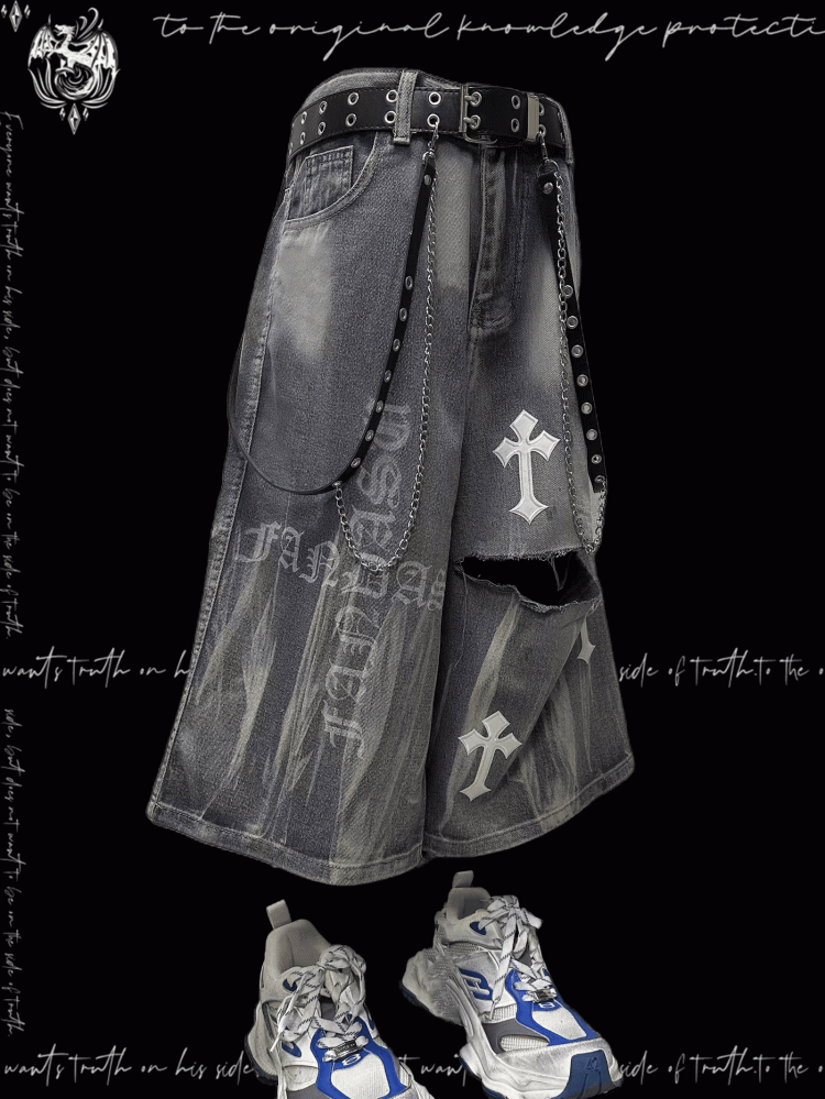 Y2K Blue Cross Appliques Distressed Holes Wide-Leg Jeans