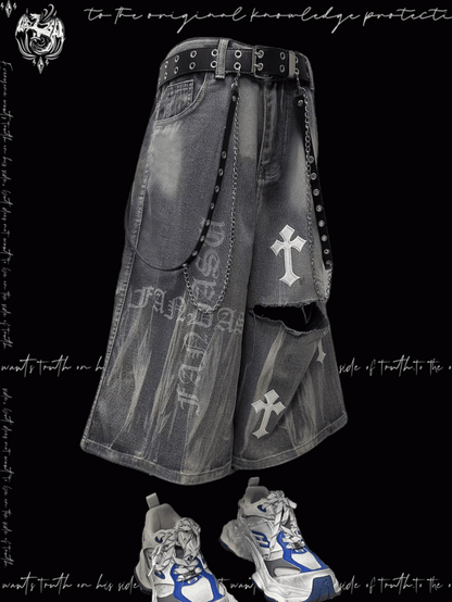 Y2K Blue Cross Appliques Distressed Holes Wide-Leg Jeans