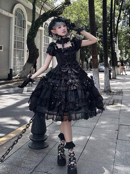 All Black Bow Accents and Bead Details Princess Lolita Dress with Big Bow at Back