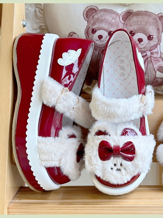 Wine Red Bowknot Decorated Plush Bear Lolita Platforms With Bear Buckle