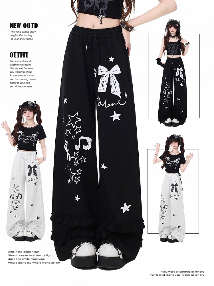 Black/Light Gray Bow and Star Print Vintage Wide-Leg Pants